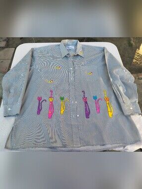 Vtg Mili Designs Striped Shirt Colorful Jeweled Embroidered Cat & Mouse Design